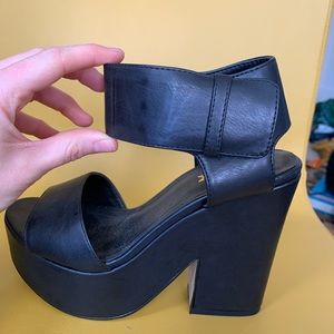 Matte Black chunky platform open toe heels